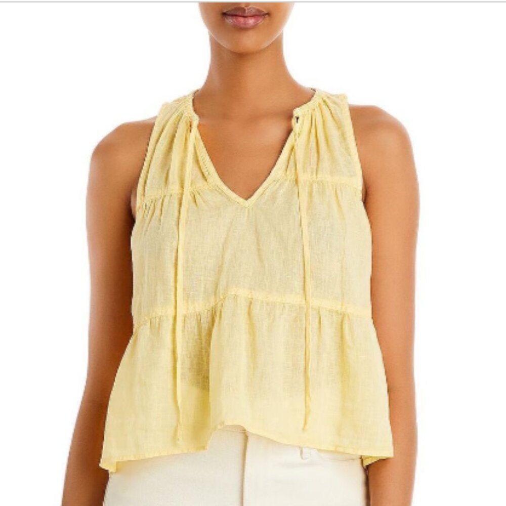 Brand New Women's Cloth & Stone Yellow Linen Sleeveless Tie-Neck Top